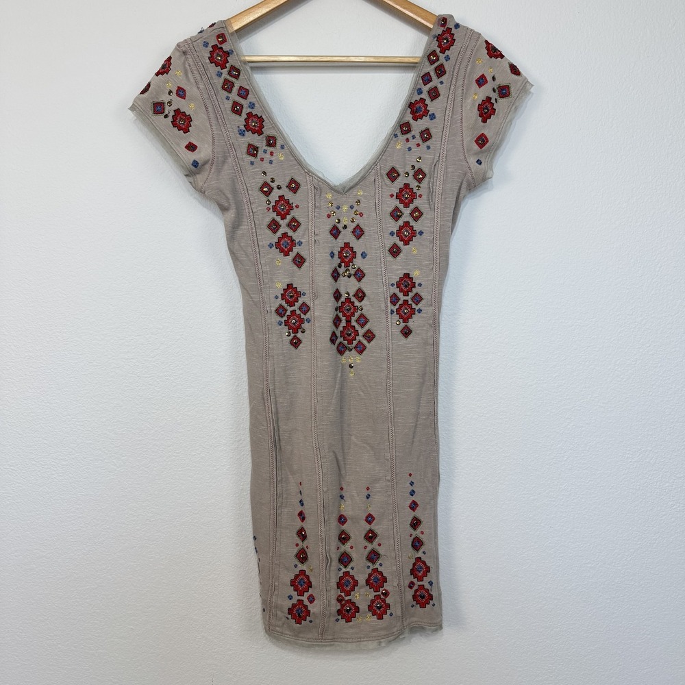 Free People Dress Women's Rich In Embroidery Small Boho Sequin Cap Sleeve Gray